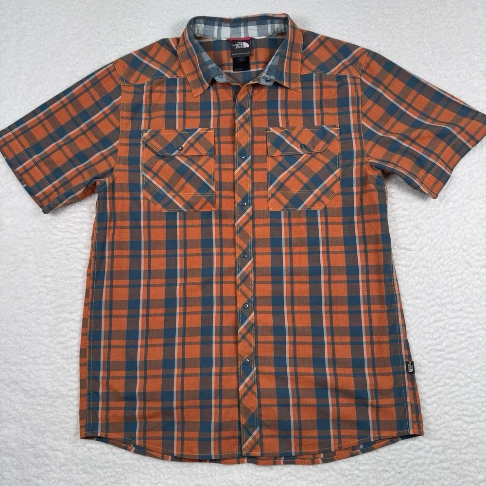 The North Face Snap Shirt Mens M Orange‎ Plaid Short Sleeve Outdoor Casual